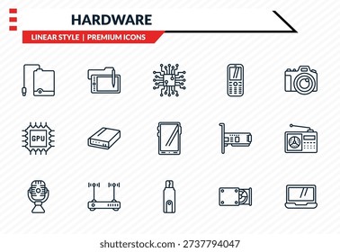 hardware icons set - external hard drive, wacom, gpu, flash card, laptop screen outline vector collection.