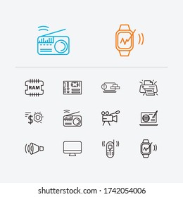Hardware icons set. Firewall and hardware icons with ram, monitor and mother board. Set of audio for web app logo UI design.