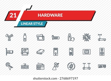 hardware icons set - firewire, flash card, wacom, modem with two antenna, video projector outline vector collection.