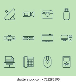 Hardware icons set with gadget, spectacles, presentation and other printer elements. Isolated vector illustration hardware icons.