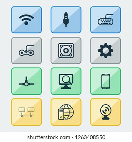 Hardware icons set with gamepad, global connection, keyboard and other connected devices elements. Isolated vector illustration hardware icons.
