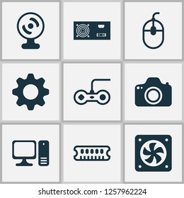 Hardware icons set with gear, cpu fan, power supply and other power generator elements. Isolated vector illustration hardware icons.
