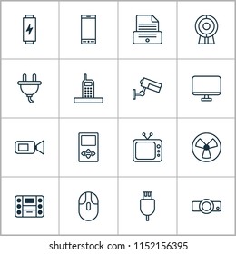 Hardware icons set with media device, music player, video camera and other call elements. Isolated vector illustration hardware icons.
