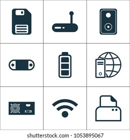 Hardware icons set with modem, floppy disk, global connection and other accumulator sign elements. Isolated vector illustration hardware icons.