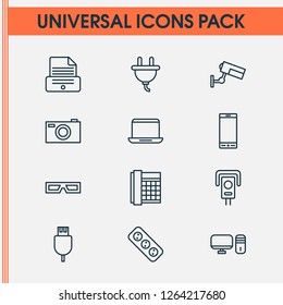 Hardware icons set with photo apparatus, usb cable, smartphone and other spectacles elements. Isolated vector illustration hardware icons.