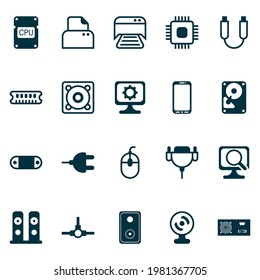 Hardware icons set with speaker, usb cable, photocopy machine and other file scanner elements. Isolated vector illustration hardware icons.