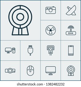 Hardware icons set with sputnik, desktop PC, smartphone and other ventilator elements. Isolated vector illustration hardware icons.