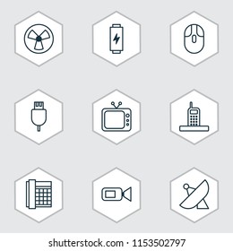 Hardware icons set with tv, cursor mouse, video camera and other universal serial bus elements. Isolated vector illustration hardware icons.