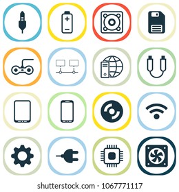 Hardware icons set with usb cable, gamepad, global connection and other smartphone elements. Isolated vector illustration hardware icons.