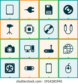 Hardware icons set with usb cable, plug, cpu and other cd-rom elements. Isolated vector illustration hardware icons.