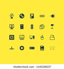 Hardware icons set with video camera, gear, ram and other connector elements. Isolated vector illustration hardware icons.