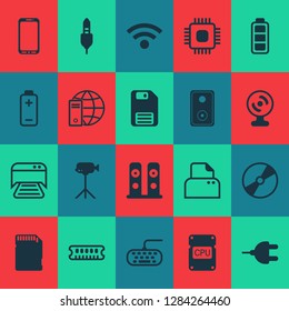 Hardware icons set with video camera, audio cable, battery indicator and other accumulator sign elements. Isolated vector illustration hardware icons.