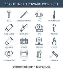 hardware icons. Trendy 16 hardware icons. Contain icons such as nail, garden hammer, CPU, screwdriver, flash drive, chain saw, wrench, usb drive. hardware icon for web and mobile.