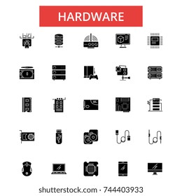 Hardware illustration, thin line icons, linear flat signs, vector symbols, outline pictograms set, editable strokes