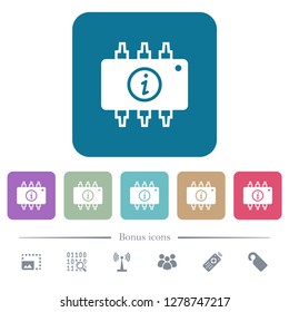 Hardware info white flat icons on color rounded square backgrounds. 6 bonus icons included