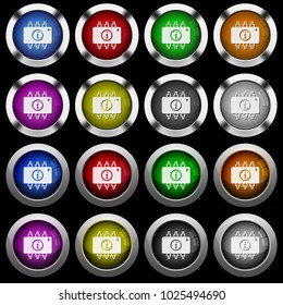 Hardware info white icons in round glossy buttons with steel frames on black background.