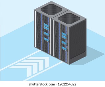 Hardware isometric equipment. 3d telecommunication server. Data center storage room objects. Computer database towers vector set. Internet equipment, server cluster vector illustration