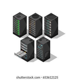 Isometrische Hardware-Ausrüstung. 3D-Telekommunikationsserver. Objekte im Speicherraum von Rechenzentren. Computerdatenbank Turms Vektorset. Internetgeräteindustrie, Servercluster-Illustration