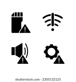 Hardware issues black glyph icons set on white space. Settings problem. Sound device breakdown. Storage capacity issue. Silhouette symbols. Solid pictogram pack. Vector isolated illustration