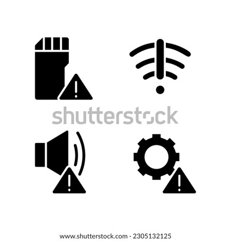Hardware issues black glyph icons set on white space. Settings problem. Sound device breakdown. Storage capacity issue. Silhouette symbols. Solid pictogram pack. Vector isolated illustration