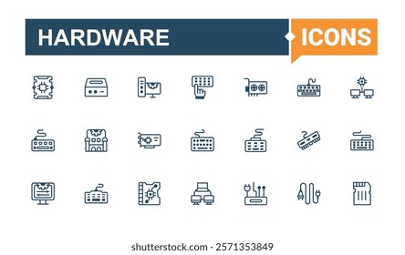 Hardware line icons set. Includes icons for card, smart, camera, mouse, component, computer, gadget, data. Flat UI icon design. Vector outline and solid icons collection.