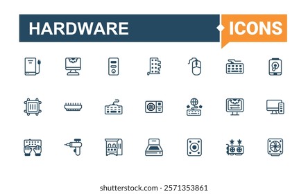 Hardware line icons set. Includes icons for card, smart, camera, mouse, component, computer, gadget, data. Flat UI icon design. Vector outline and solid icons collection.