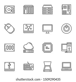 Hardware line icons set. linear style symbols collection, outline signs pack. vector graphics. Set includes icons as HDD, hard drive disk, network server, power button, computer monitor, microchip