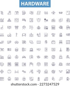 Hardware line icons, signs set. Hardware, Components, Devices, CPUs, Motherboards, RAM, GPU, BIOS, PSU outline vector illustrations.