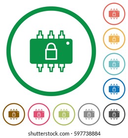 Hardware locked flat color icons in round outlines on white background