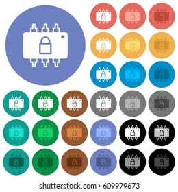 Hardware locked multi colored flat icons on round backgrounds. Included white, light and dark icon variations for hover and active status effects, and bonus shades on black backgounds.