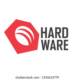 Hardware logo. Red stylized nut. Screws and tools. Vector illustration.