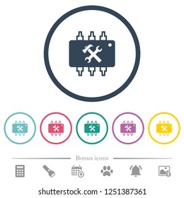 Hardware maintenance flat color icons in round outlines. 6 bonus icons included.