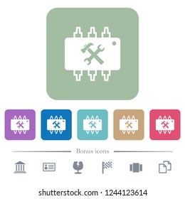Hardware maintenance white flat icons on color rounded square backgrounds. 6 bonus icons included
