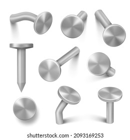 Hardware nails. Steel circle caps construction tools for builders hammering decent vector illustrations realistic set