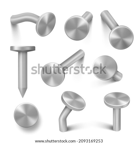 Hardware nails. Steel circle caps construction tools for builders hammering decent vector illustrations realistic set