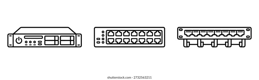 Hardware for network data center. Communication equipment connection system. Server electronic technology. Switch icon.