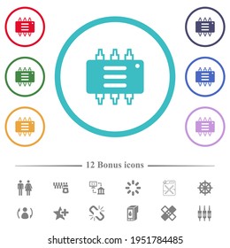 Hardware options flat color icons in circle shape outlines. 12 bonus icons included.