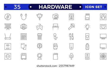 Hardware outline icon set. Contains linear outline icons like PC, CPU, Laptop, USB, DVD Room, HDD, SSD, RAM, Graphic Card, Keyboard, Mouse, LCD Projector, Storage. 
