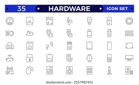 Hardware outline icon set. Contains linear outline icons like PC, CPU, Laptop, USB, DVD Room, HDD, SSD, RAM, Graphic Card, Keyboard, Mouse, LCD Projector, Storage. 
