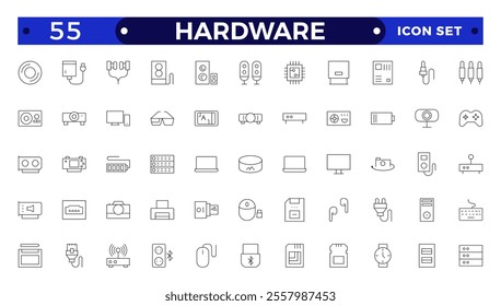 Hardware outline icon set. Contains linear outline icons like PC, CPU, Laptop, USB, DVD Room, HDD, SSD, RAM, Graphic Card, Keyboard, Mouse, LCD Projector, Storage. 
