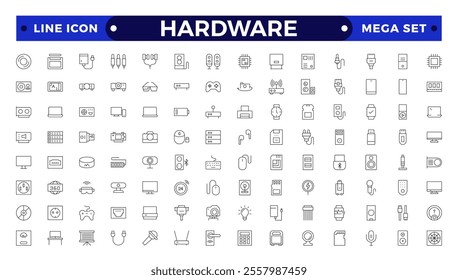 Hardware outline icon set. Contains linear outline icons like PC, CPU, Laptop, USB, DVD Room, HDD, SSD, RAM, Graphic Card, Keyboard, Mouse, LCD Projector, Storage. 
