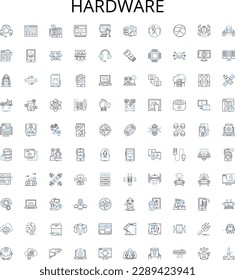 Hardware outline icons collection. Hardware, components, peripherals, processors, GPUs, motherboards, RAM vector illustration set. power-supplies, video-cards, network-cards linear signs