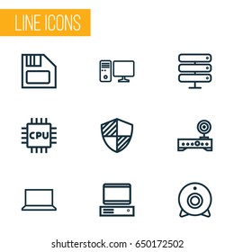 Hardware Outline Icons Set. Collection Of PC, Protect, Modem And Other Elements. Also Includes Symbols Such As Disk, Wifi, Notebook.