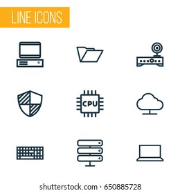 Hardware Outline Icons Set. Collection Of PC, Cpu, File And Other Elements. Also Includes Symbols Such As Motherboard, Wifi, Central.