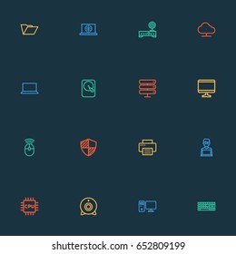Hardware Outline Icons Set. Collection Of Laptop, Keypad, Notebook And Other Elements. Also Includes Symbols Such As Monitor, Firewall, Display.