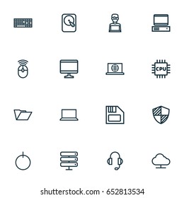 Hardware Outline Icons Set. Collection Of Web, File, Earphones And Other Elements. Also Includes Symbols Such As Disk, Display, Server.