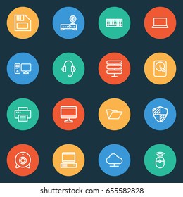 Hardware Outline Icons Set. Collection Of Computer, Modem, Floppy And Other Elements. Also Includes Symbols Such As Screen, Camera, Diskette.
