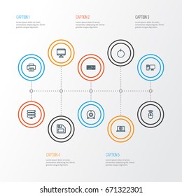 Hardware Outline Icons Set. Collection Of Floppy, Datacenter, Keypad And Other Elements. Also Includes Symbols Such As PC, Mouse, Display.