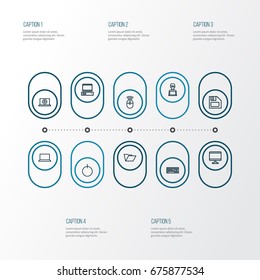 Hardware Outline Icons Set. Collection Of PC, Notebook, Floppy And Other Elements. Also Includes Symbols Such As Floppy, Notebook, Button.