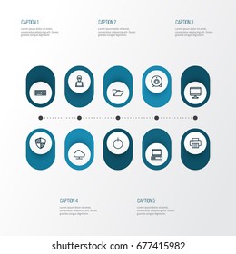 Hardware Outline Icons Set. Collection Of Printer, Storage, PC And Other Elements. Also Includes Symbols Such As Camera, Online, Button.